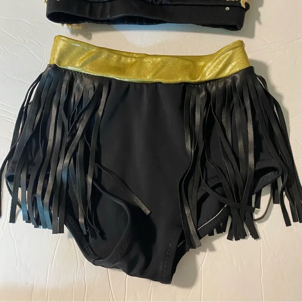 Custom glamorous mature solo dance costume 2 piece leather fringe black MC LC